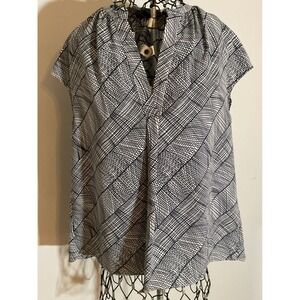 Zoa New York Womens XS Navy Blue White Geometric Grid V-Neck Sleeveless Blouse‎